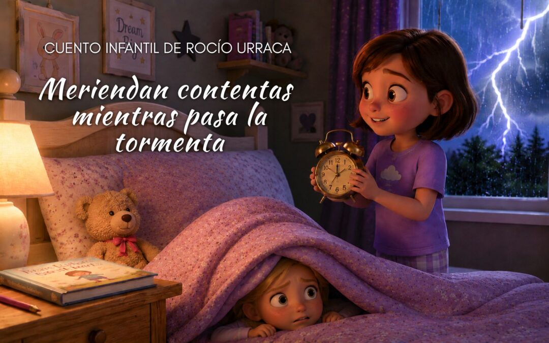 Meriendan contentas mientras pasa la tormenta. Cuento infantil de Rocío Urraca